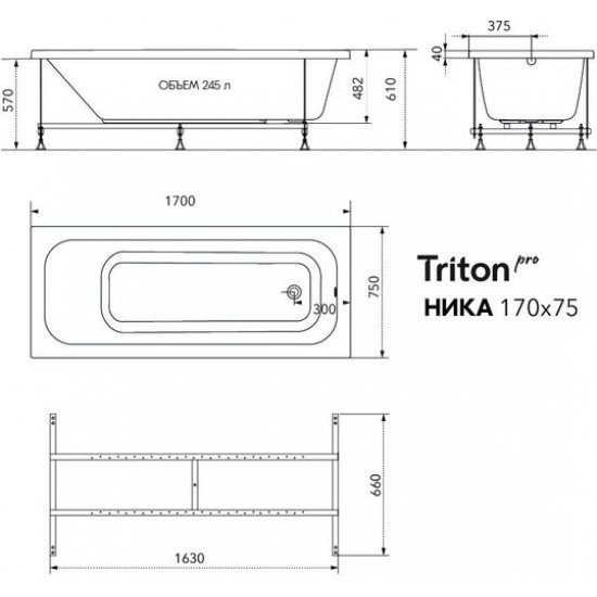 Ванна акриловая Тритон Pro Ника 170x75 белая