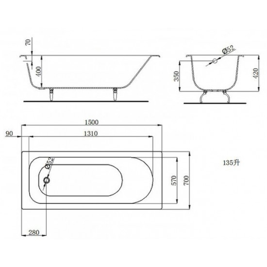 Ванна чугунная Castalia 150x70 с ножками