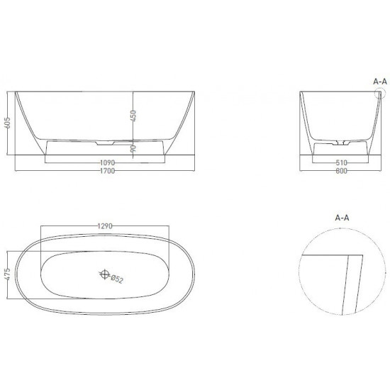 Ванна из литьевого мрамора UMY-Home UMY NOA 170x80 U-Coat белый глянец
