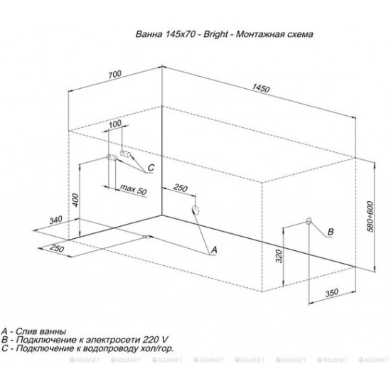 Ванна акриловая Aquanet Bright 145x70 с каркасом