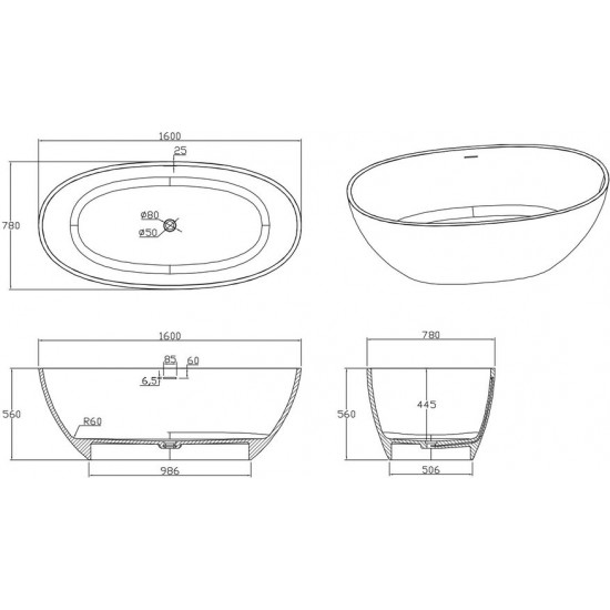 Ванна из искусственного камня IVA BS101160 160x78 белый