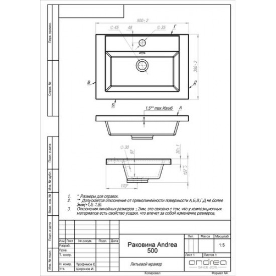 Умывальник Andrea 400 40x35 белый
