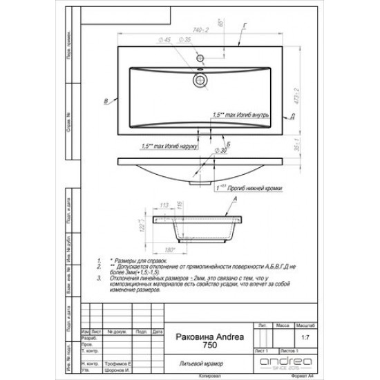 Умывальник Andrea 750 75x48 белый