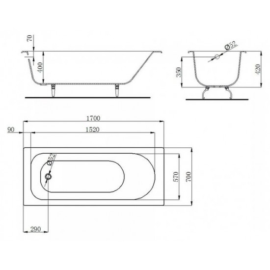Ванна чугунная Castalia 170x70 с ножками