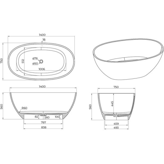Ванна из искусственного камня IVA BS101140E 140x78 белый