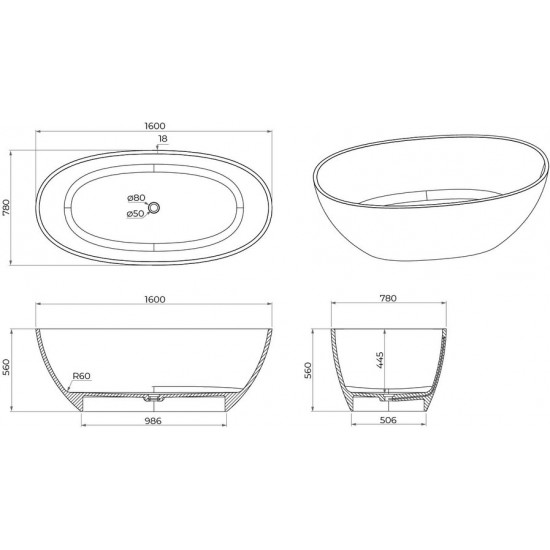 Ванна из искусственного камня IVA BS101160E 160x78 белый