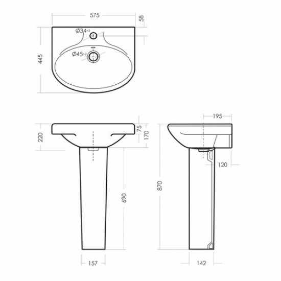 Умывальник пьедестальный Sanita Самарский 57 белый