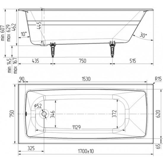 Ванна чугунная Универсал Бриз 170x75 белая