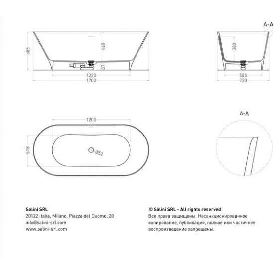 Ванна из искусственного камня Salini Mona 170x72 белый матовый