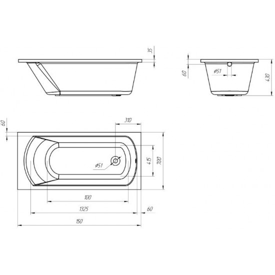 Ванна акриловая Eurolux Miamika 150х70 белая с ножками