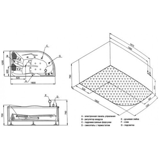 Ванна гидромассажная Eago AM124JDCW1Z 180*120 (левая)