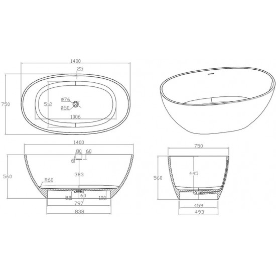 Ванна из искусственного камня IVA BS101140 140x78 белый